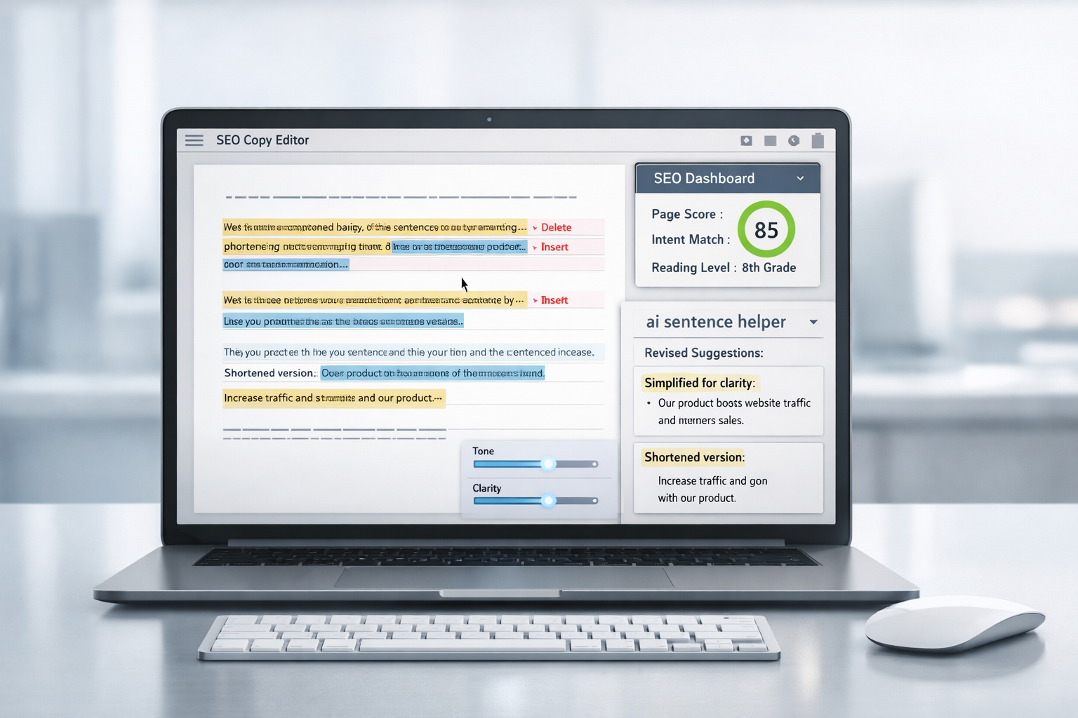 Open laptop on a clean desk shows SEO copy editing with ai sentence helper and highlighted text.