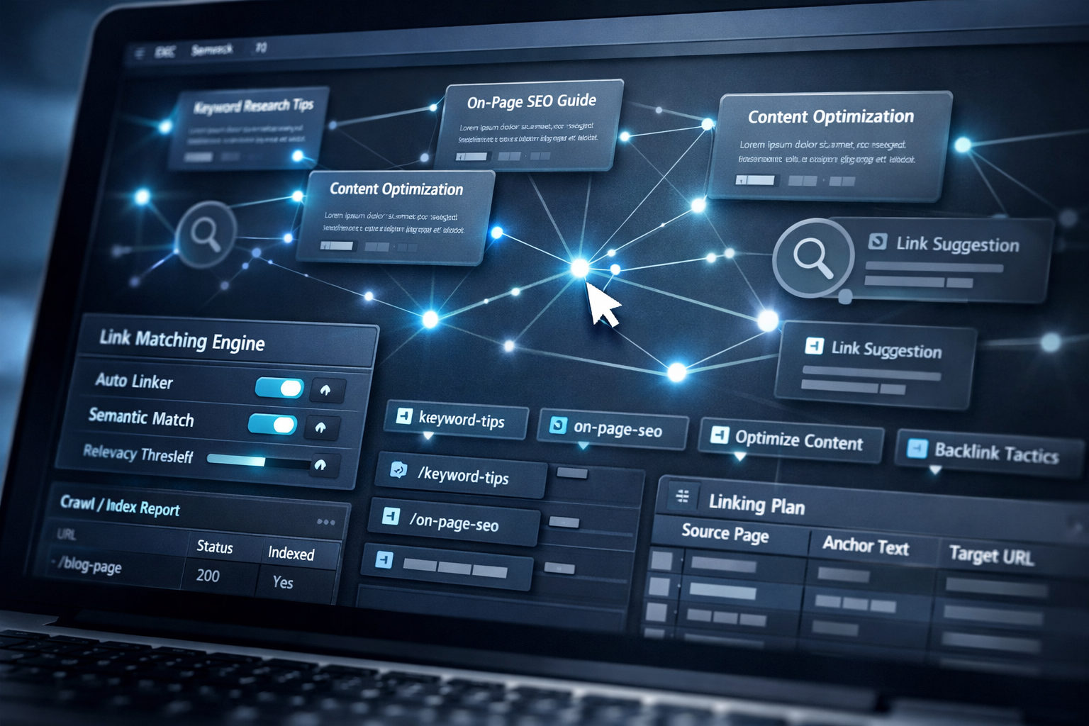 Laptop SEO dashboard showing automated internal linking across connected article cards and UI panels.