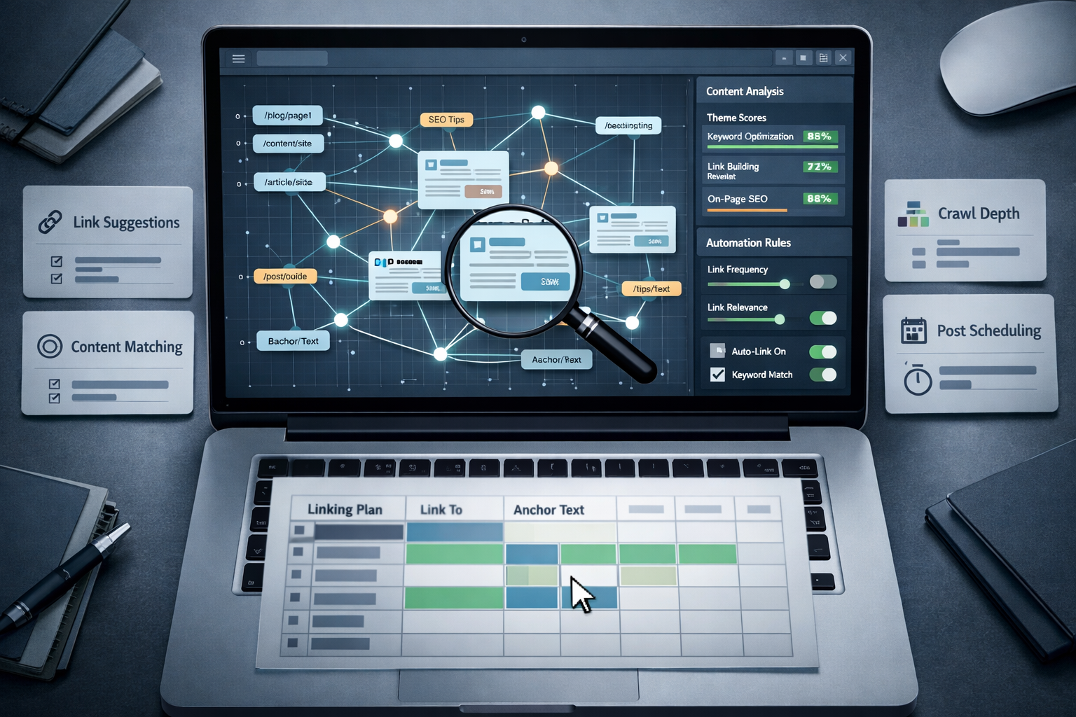 Overhead laptop dashboard showing automated internal linking network, engine panels, and link plan grid