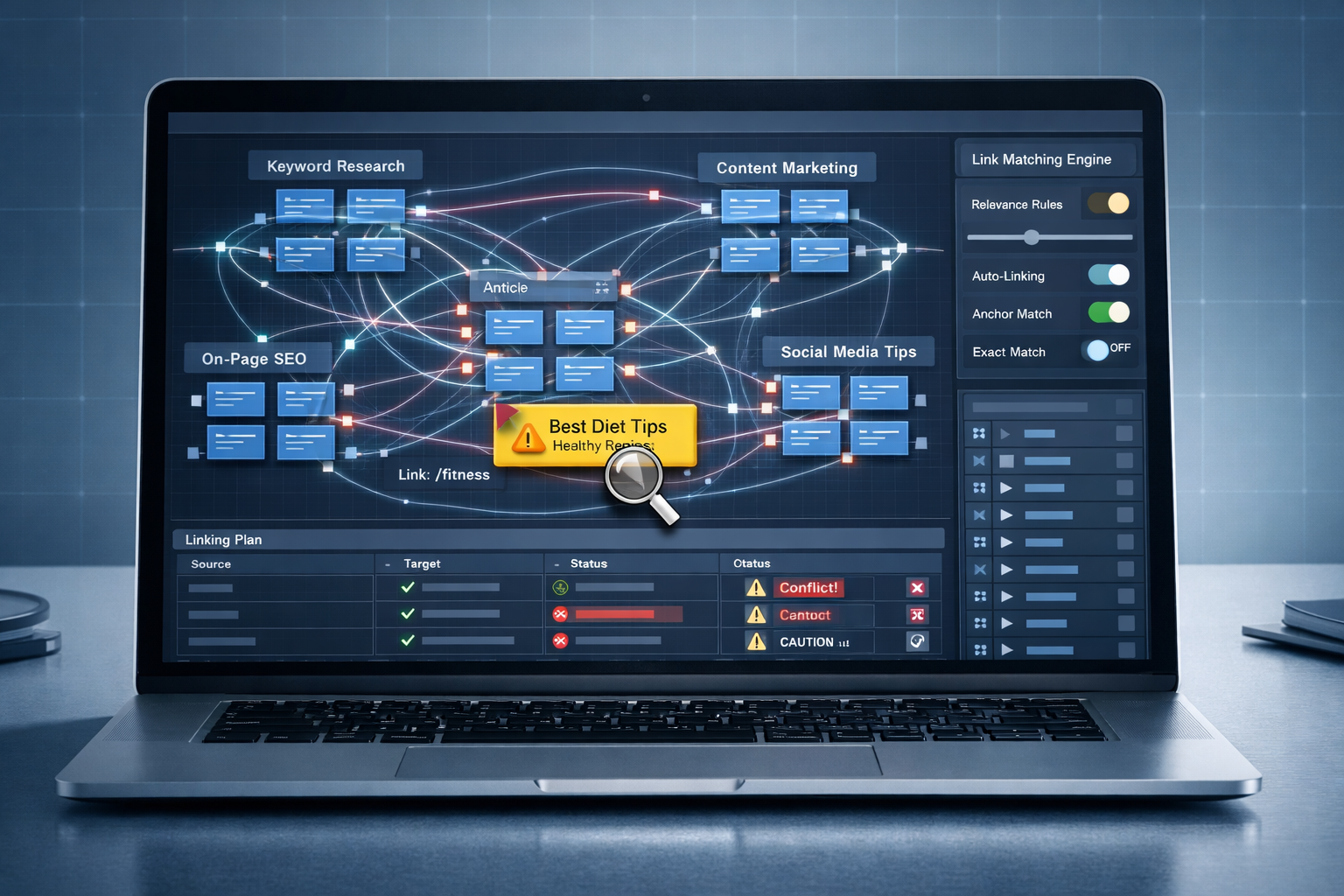 Laptop showing automated internal linking dashboard with messy link clusters, warnings, and overlinked nodes