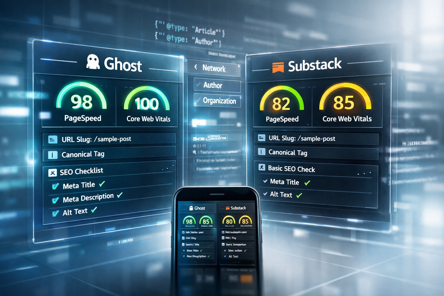 ghost vs substack split-screen SEO dashboard comparison with holographic metrics and mobile preview