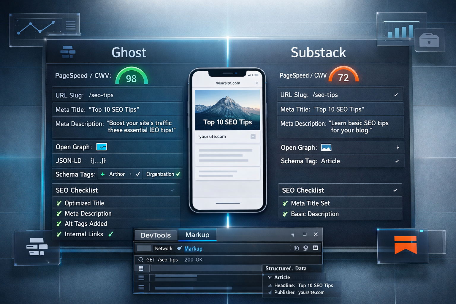 Split-screen SEO dashboard comparing ghost vs substack, with speed gauges, markup panels, and mobile viewport.