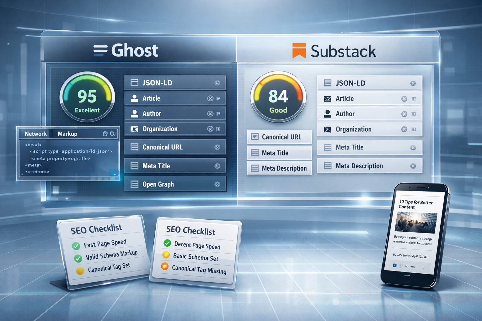 Ghost vs Substack split-screen SEO dashboard with analytics, schema icons, and mobile preview