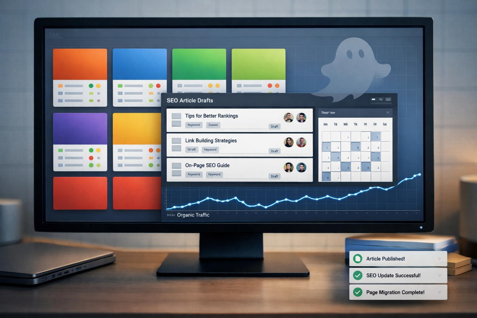 Monitor showing CMS migration and SEO dashboard with ghost alternatives, analytics rising.