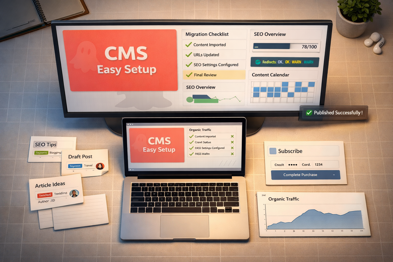 Overhead desk with laptop dashboards, coral CMS tile, checklist cards, and ghost alternatives motif