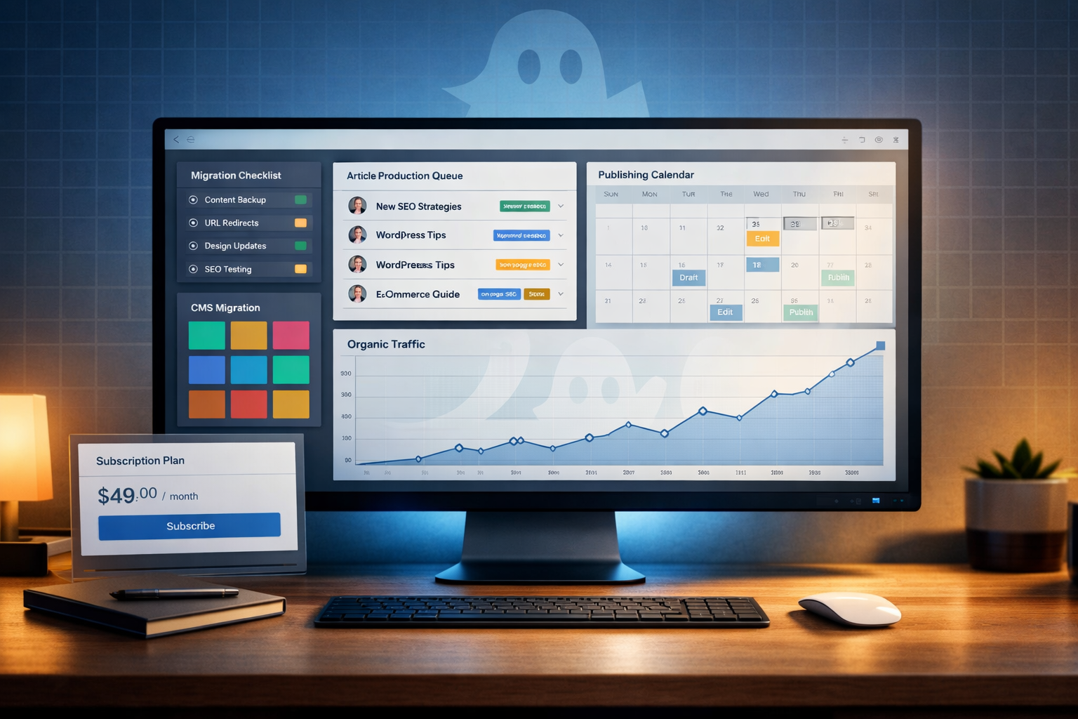 Sleek creator workspace with editor dashboard, SEO calendar, analytics graph, and ghost alternatives overlay