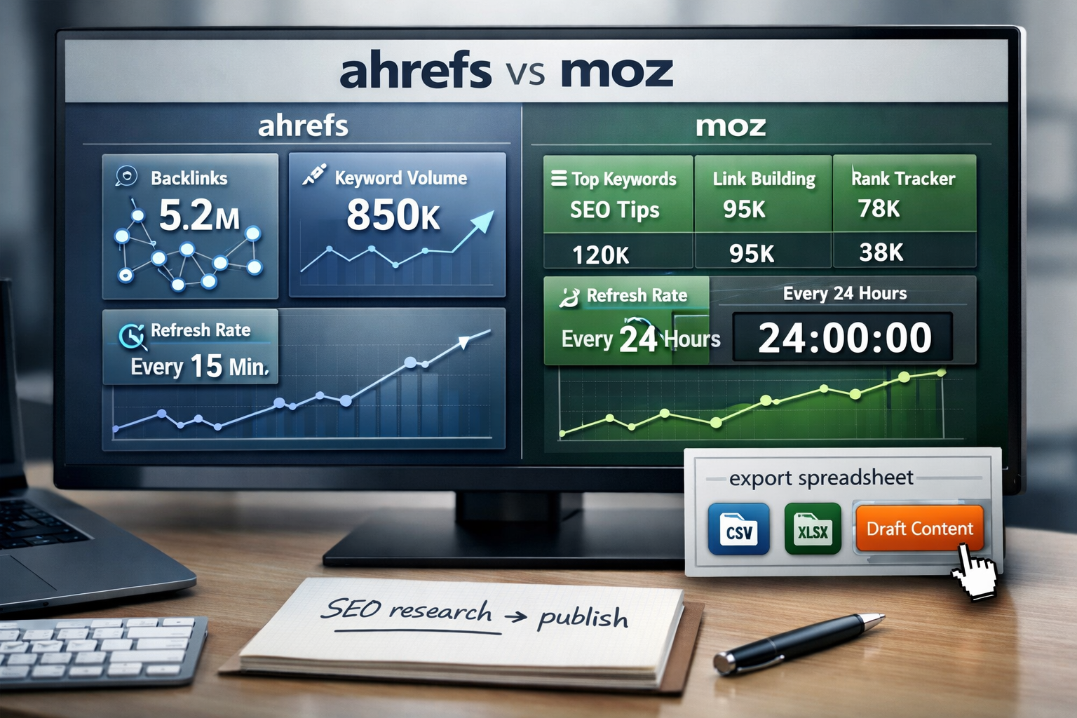 ahrefs vs moz SEO dashboard on laptop and monitor comparing backlinks, keywords, and export options