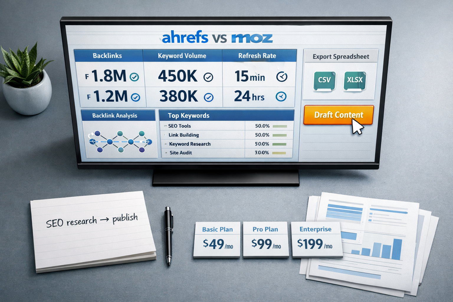 Overhead SEO desk with monitor showing ahrefs vs moz dashboard, metrics, export panel, notes.