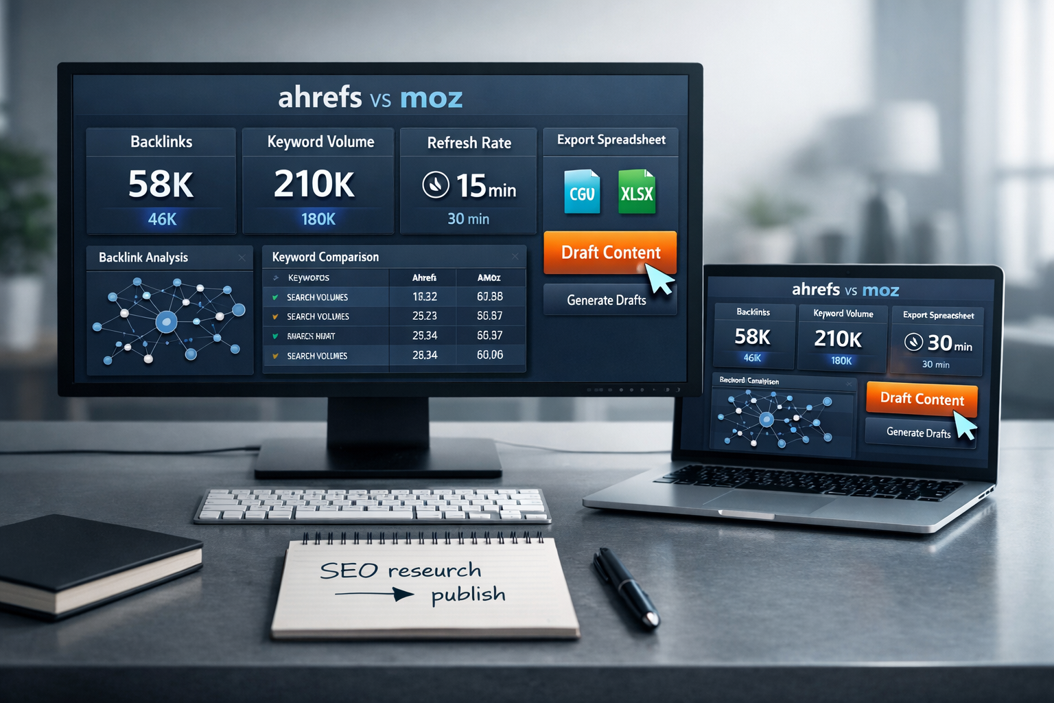 Desktop monitor and laptop show ahrefs vs moz SEO comparison dashboard with charts and export tools