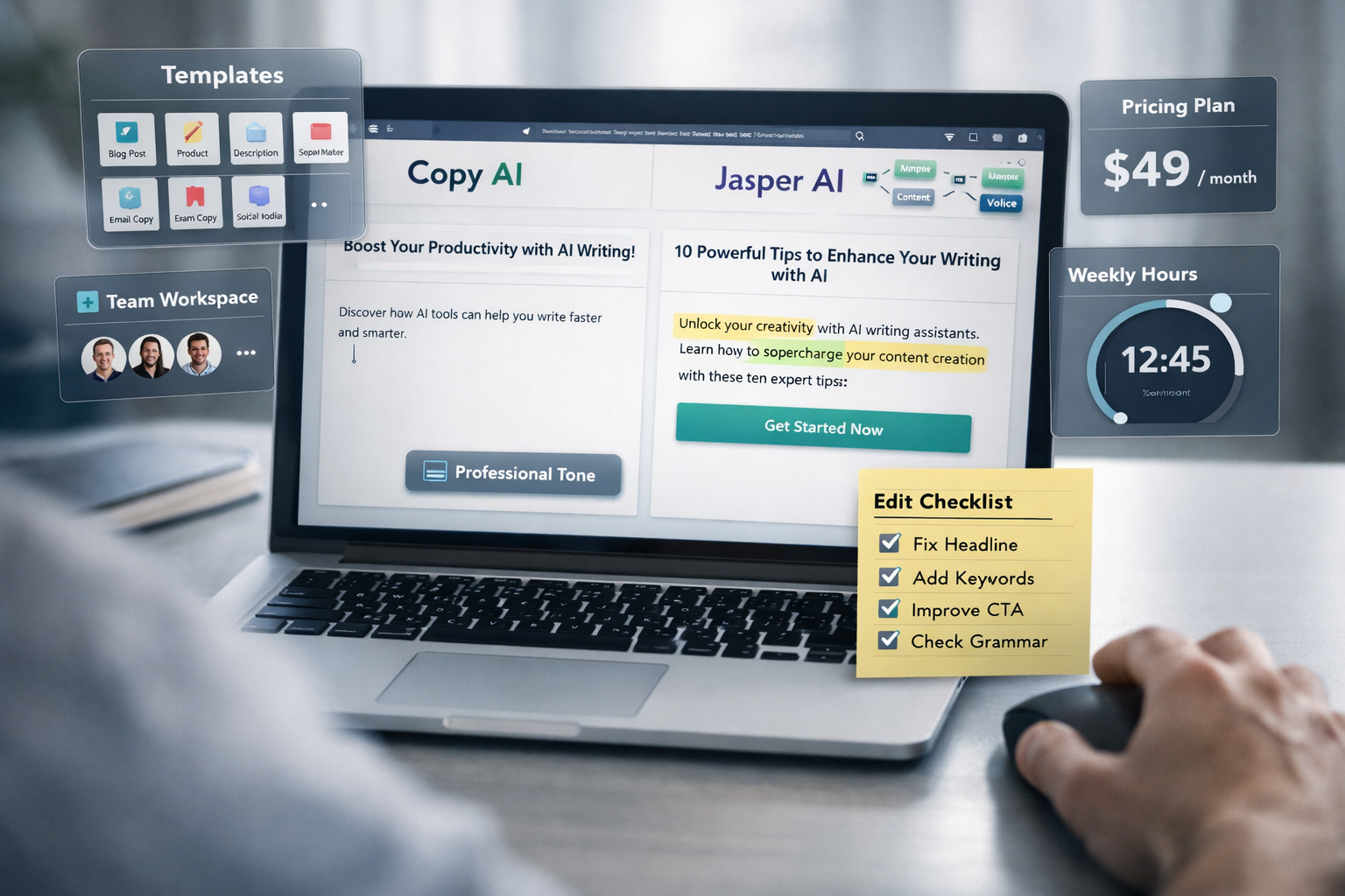 Hand editing split-screen copy ai vs jasper ai on laptop with AI writing tools