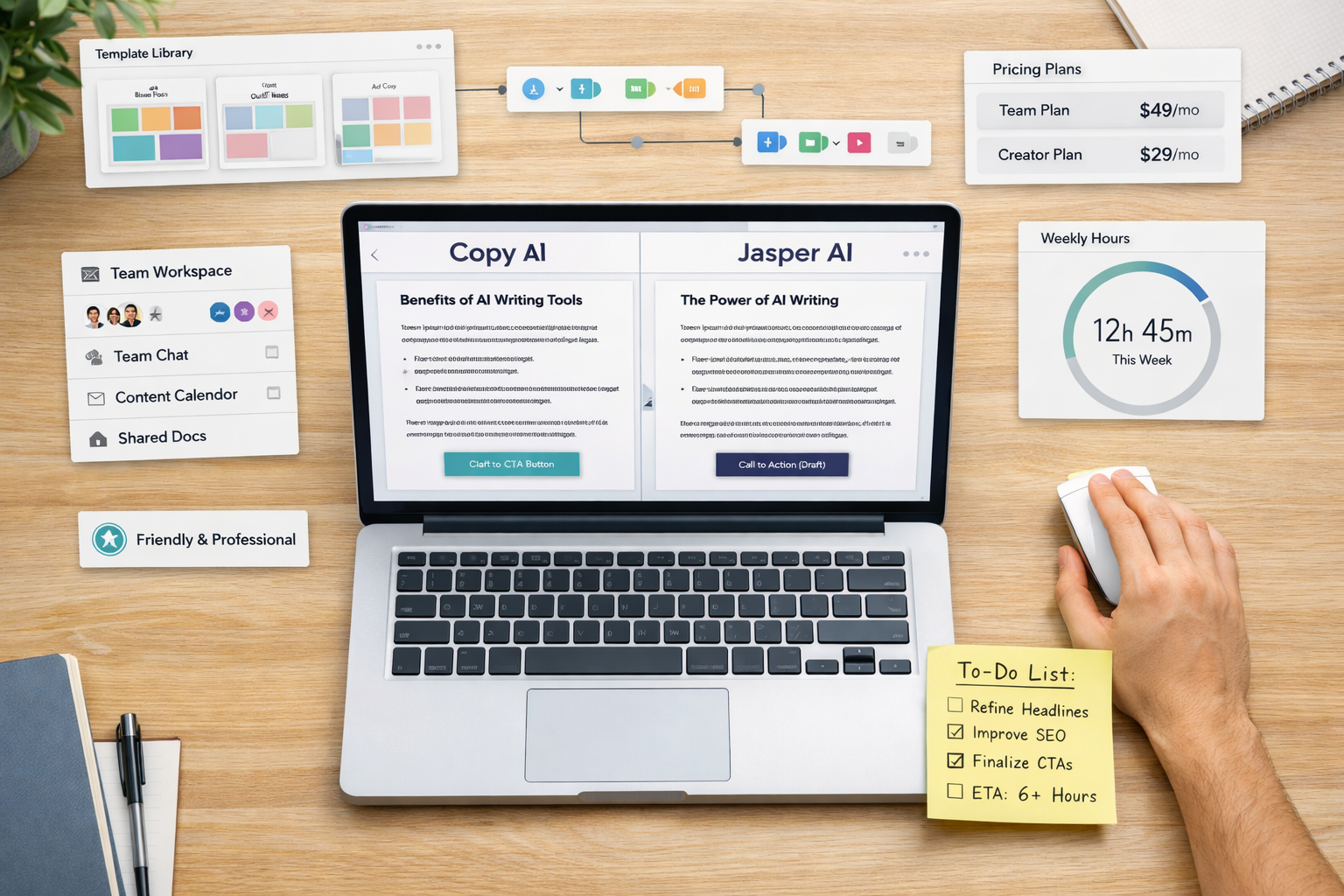 Overhead laptop workspace comparing copy ai vs jasper ai drafts, hand on mouse, UI overlays