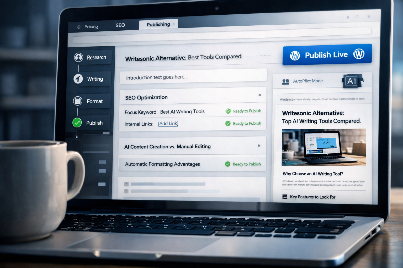 Laptop displaying AI publishing dashboard for writesonic alternative, with publish-ready WordPress page.