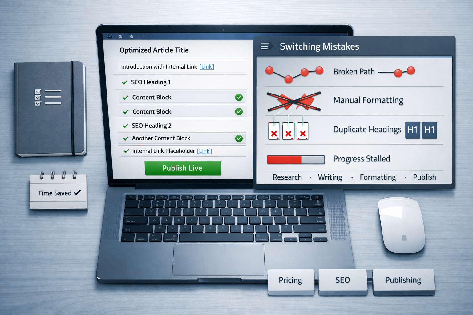 Overhead desk with laptop showing draft-to-publish workflow, checklist cards, and writesonic alternative UI