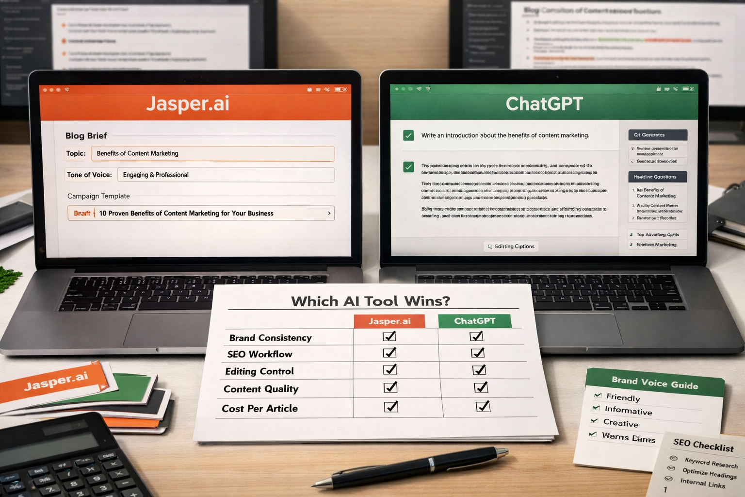 Overhead desk comparing Jasper.ai and ChatGPT laptops with evaluation worksheet, brand guides, calculator, and SEO notes.
