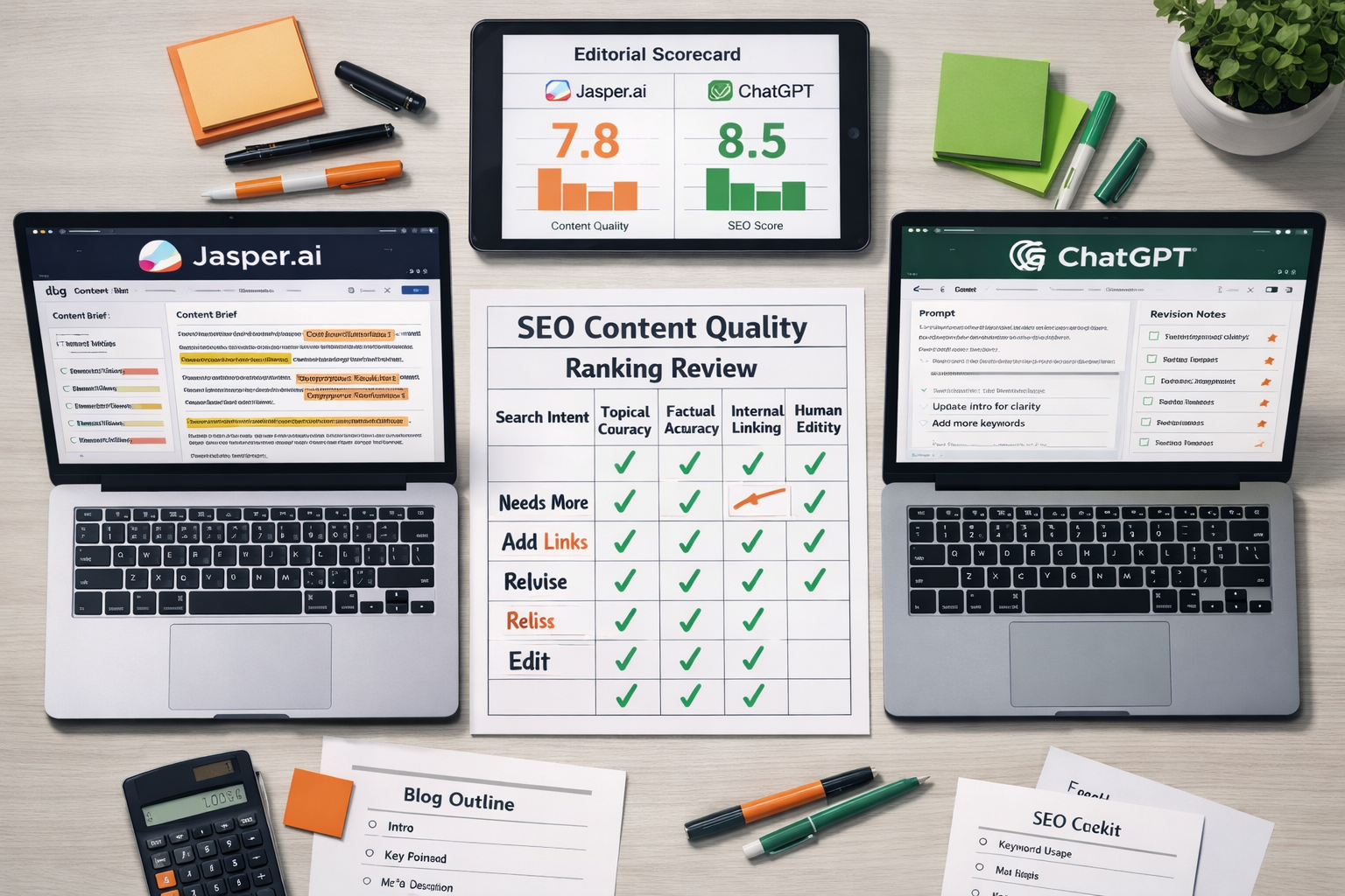 Overhead flat lay comparing Jasper.ai and ChatGPT drafts with SEO worksheets, editorial notes, scorecards, and office tools.