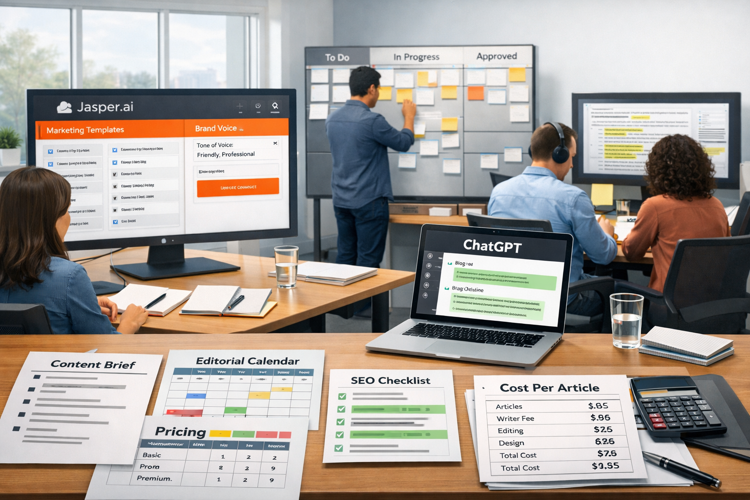 Content marketing team comparing jasper.ai vs chatgpt across workstations, editorial boards, drafts, SEO checklists, and cost worksheets.