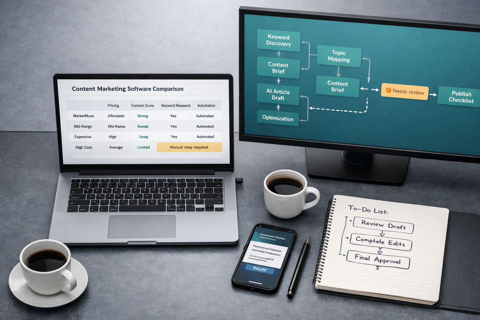Overhead SEO workspace showing a marketmuse alternative dashboard, workflow gap, notebook checklist, monitor, smartphone, and coffee cup.