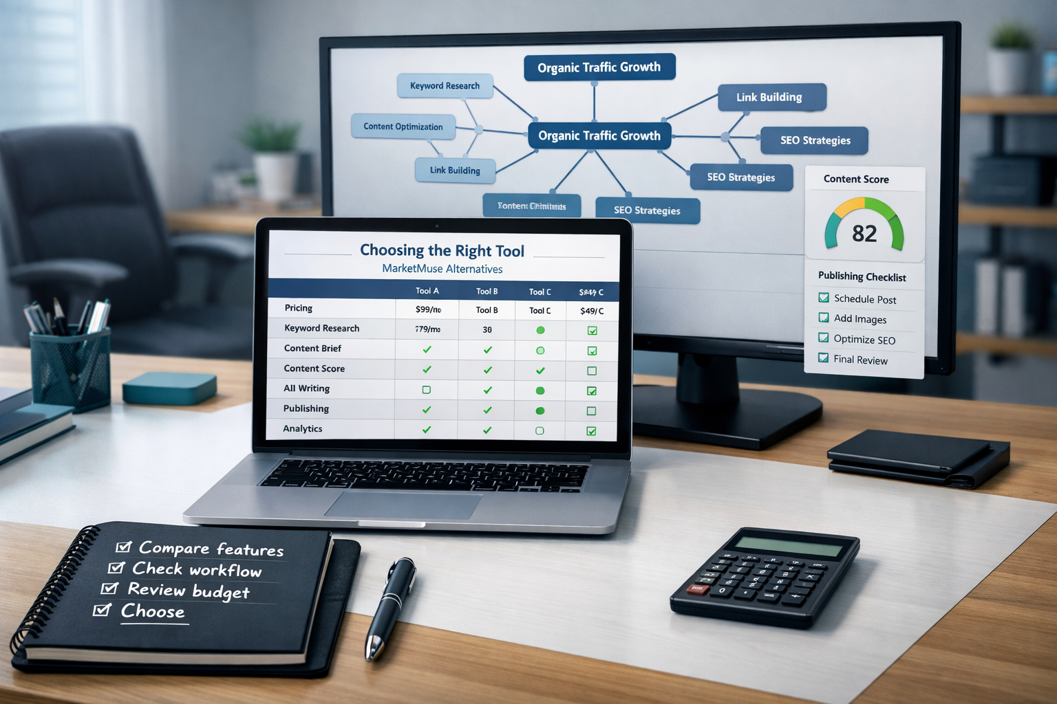 SEO workspace showing a laptop comparing a marketmuse alternative, keyword tools, pricing, content scores, and workflow checklists.