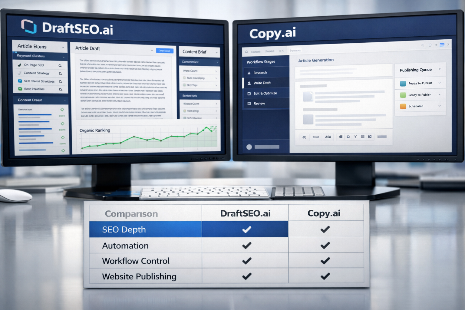 Dual-monitor SEO comparison of DraftSEO.ai and Copy.ai workflows, highlighting a copyai alternative with metrics and publishing tools.