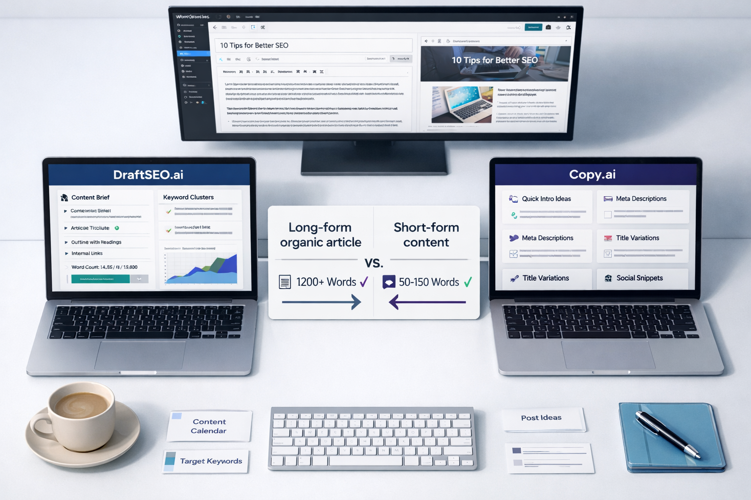 SEO workstation comparing DraftSEO.ai long-form articles with Copy.ai short-form content, a copyai alternative, on dual laptops.