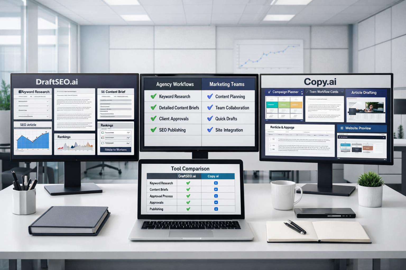 Wide SEO workspace comparing DraftSEO.ai and Copy.ai workflows, with dashboards, analytics, publishing tools, and a copyai alternative comparison.