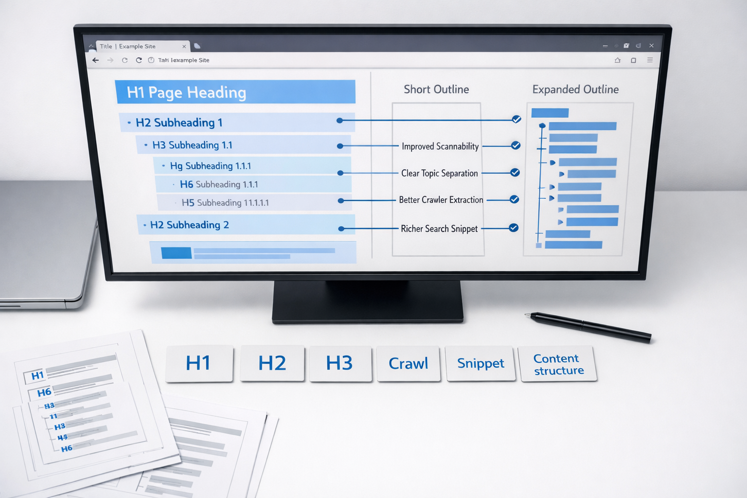 SEO desk showing H1–H5 webpage outline, semantic diagram, and cards comparing heading vs subheading structure.