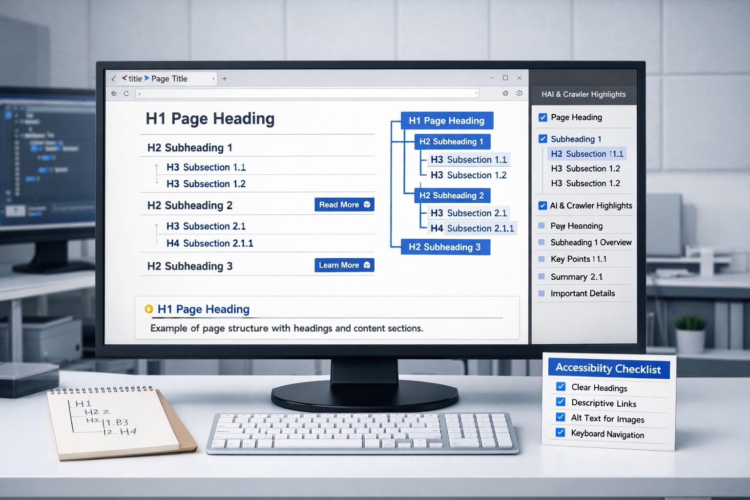 SEO workspace monitor shows nested HTML headings, accessibility highlights, and search snippets illustrating heading vs subheading.