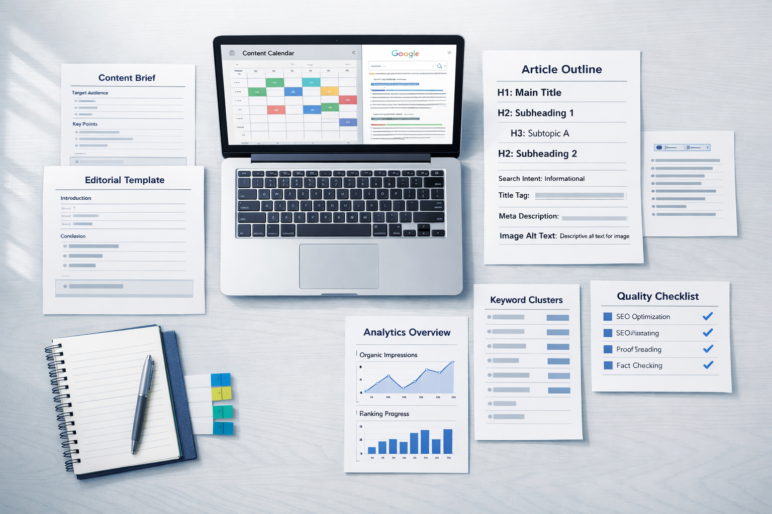 Flat-lay SEO desk with content calendar, SERP results, article outline, templates, analytics, and website content writing for seo workflow.
