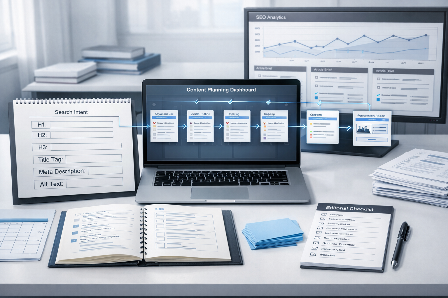 Modern SEO workspace with laptop workflow, keyword research, editorial checklist, and analytics dashboard for website content writing for seo