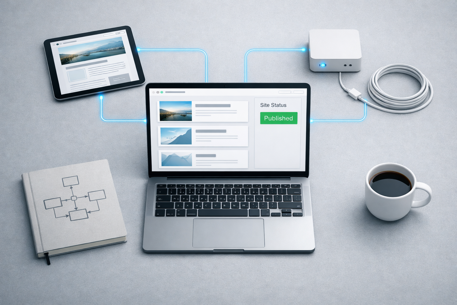 Overhead CMS integration flat lay with laptop showing green “Published,” connected tablet and hub, labeled ai seo agent.