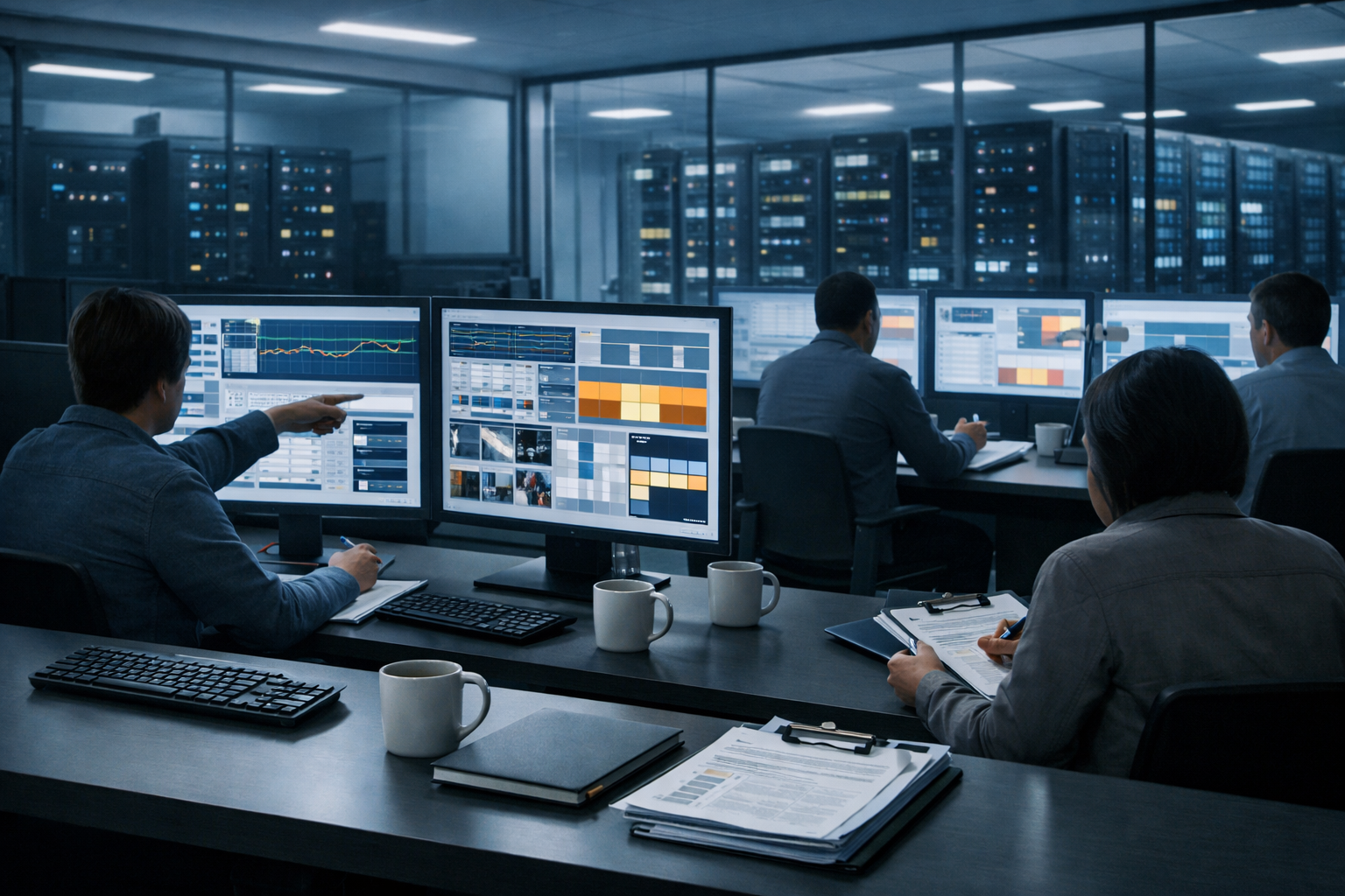 AI SEO agent review room with human reviewers analyzing data dashboards at workstations beside a server room.