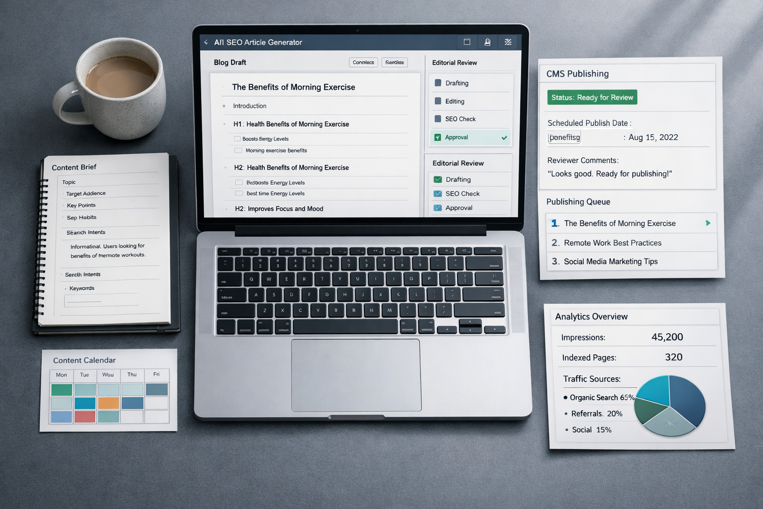Overhead desk with laptop showing an article generator, SEO draft, review stages, CMS handoff, schedule, and analytics panel.