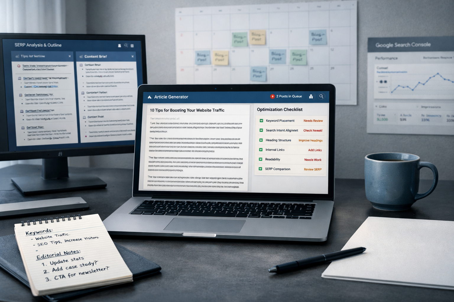Laptop showing an article generator dashboard with SEO checklist, search outline, keyword notes, and publishing calendar.