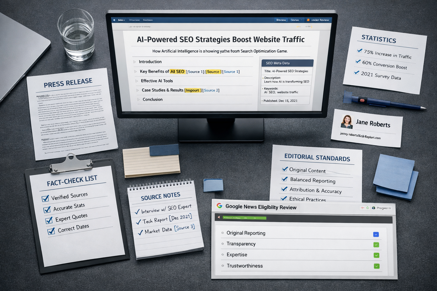 Overhead newsroom desk with monitor showing an AI news article generator, SEO draft, fact-checks, sources, credentials, and review panel.