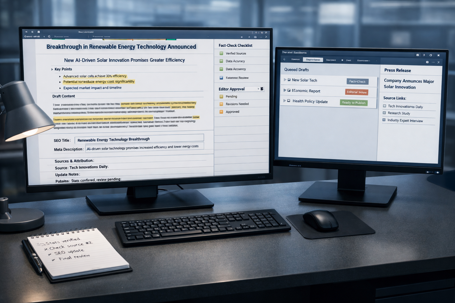 Modern AI newsroom workstation showing a news article generator, fact-check checklist, SEO fields, editorial queue, and source notes.