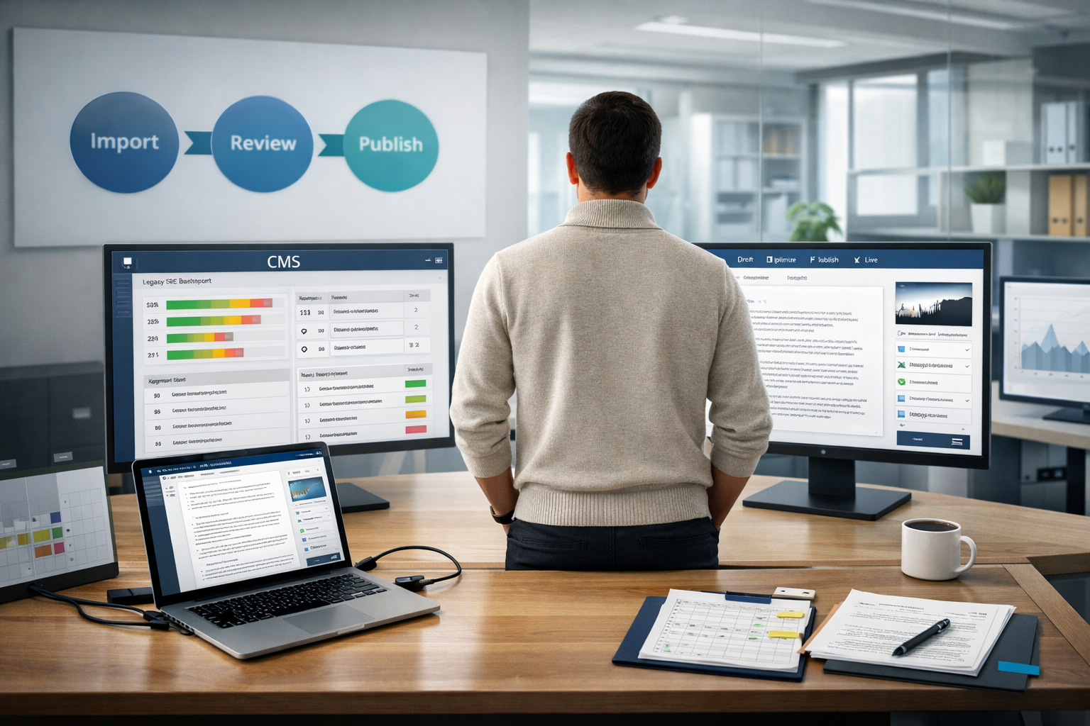 Content strategist viewing a CMS migration from SEO dashboard to AI publishing workflow, labeled clearscope alternative.