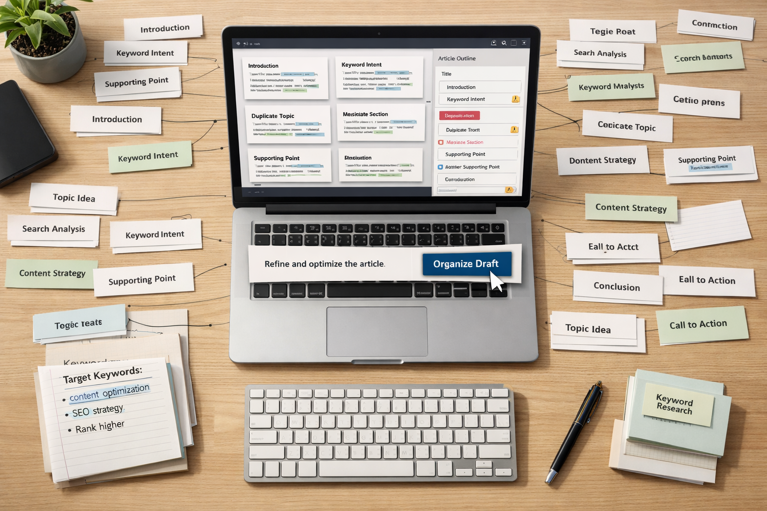 Overhead home office with laptop showing AI SEO paragraph cards, keywords, and “Organize Draft” beside an ai free paragraph generator interface.