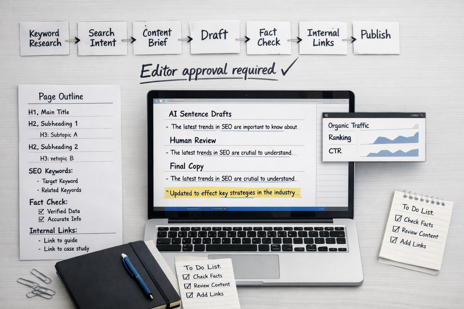 Overhead SEO workflow with sentence ai generator drafts, human review, fact checks, internal links, and editor approval.