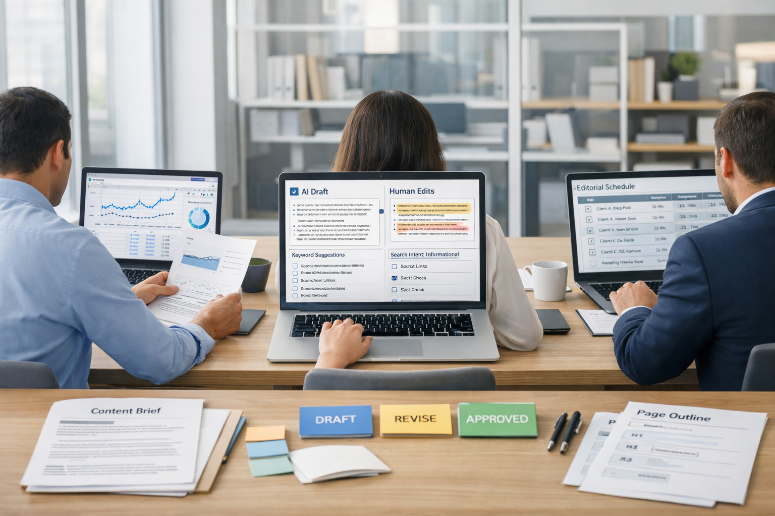 SEO agency workspace with three professionals reviewing laptops, content briefs, analytics, and a sentence ai generator workflow.