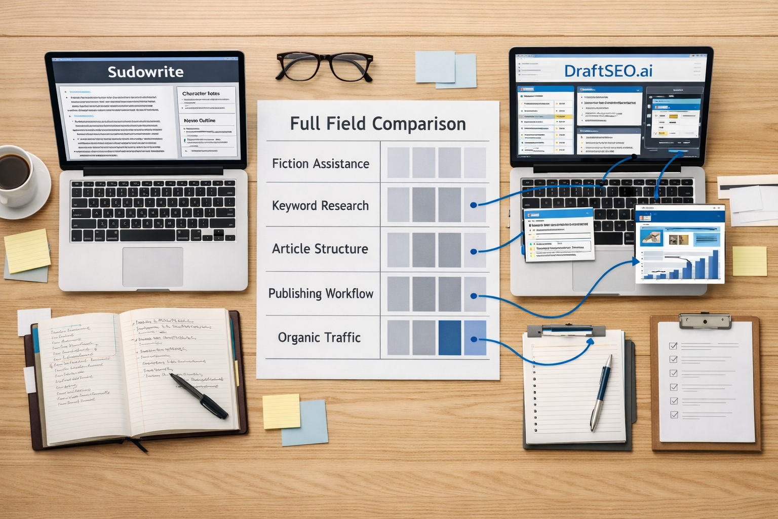 Flat-lay comparison of Sudowrite fiction planning and DraftSEO.ai SEO publishing workflows, labeled sudowrite alternatives.