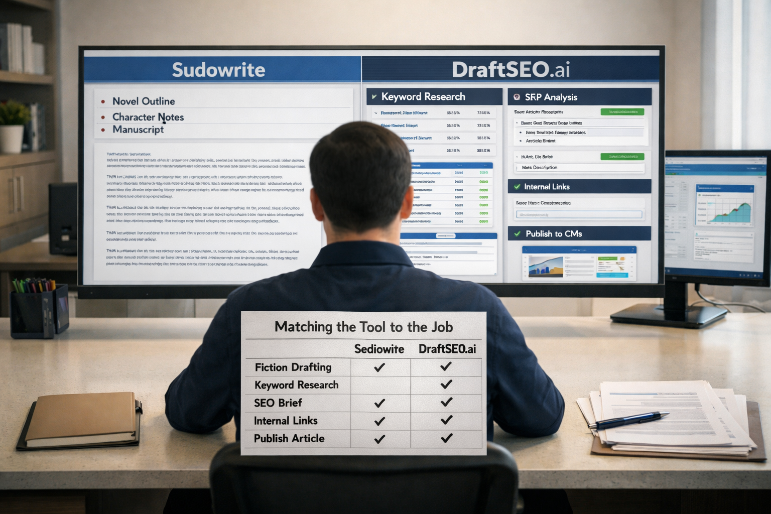Workspace compares Sudowrite alternatives: Sudowrite fiction tools versus DraftSEO.ai’s SEO workflow, checklist, and publishing dashboard.