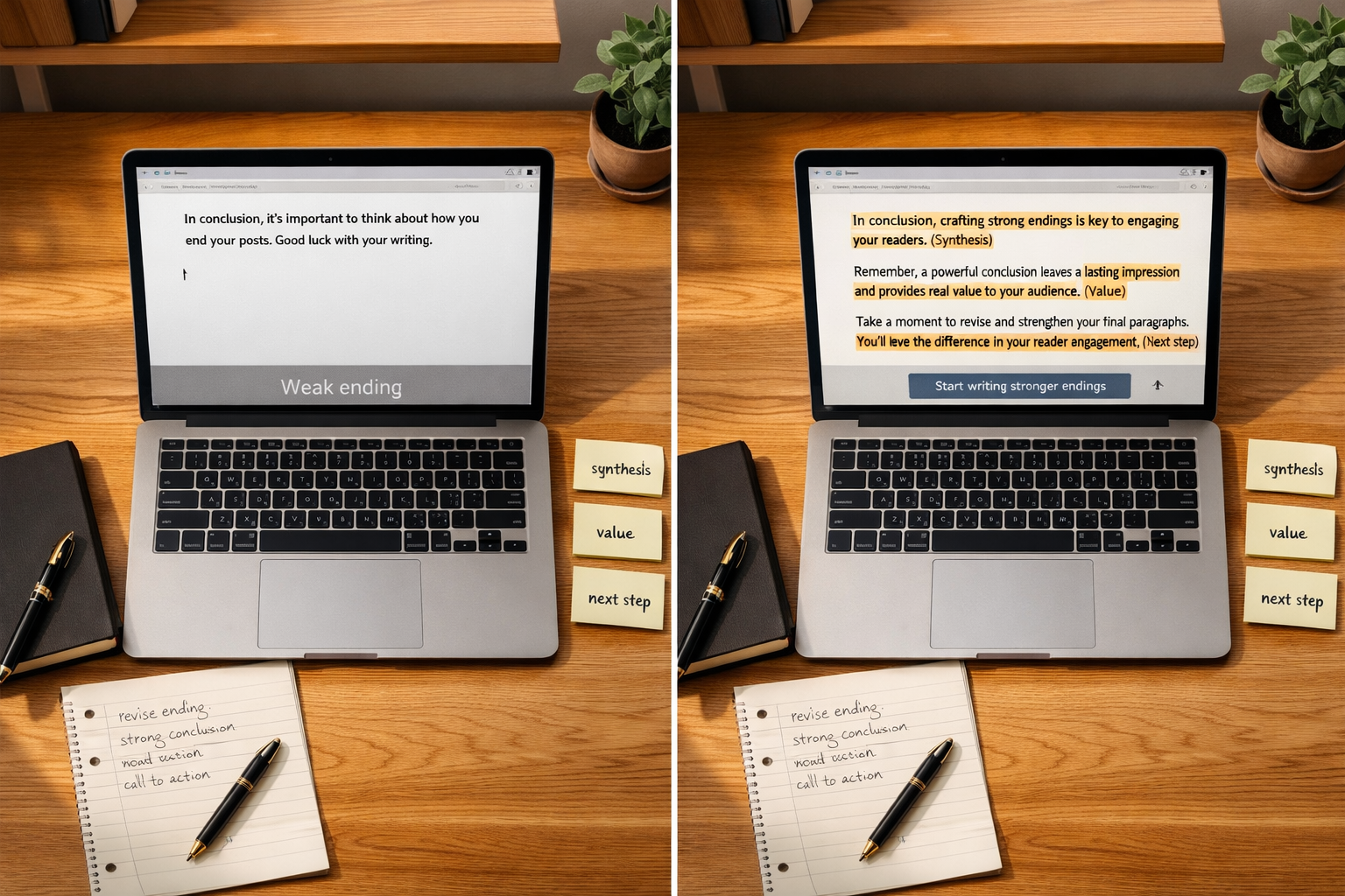 Overhead laptop comparison of weak and refined blog endings, with synthesis, value, next step notes—how to end a blog example