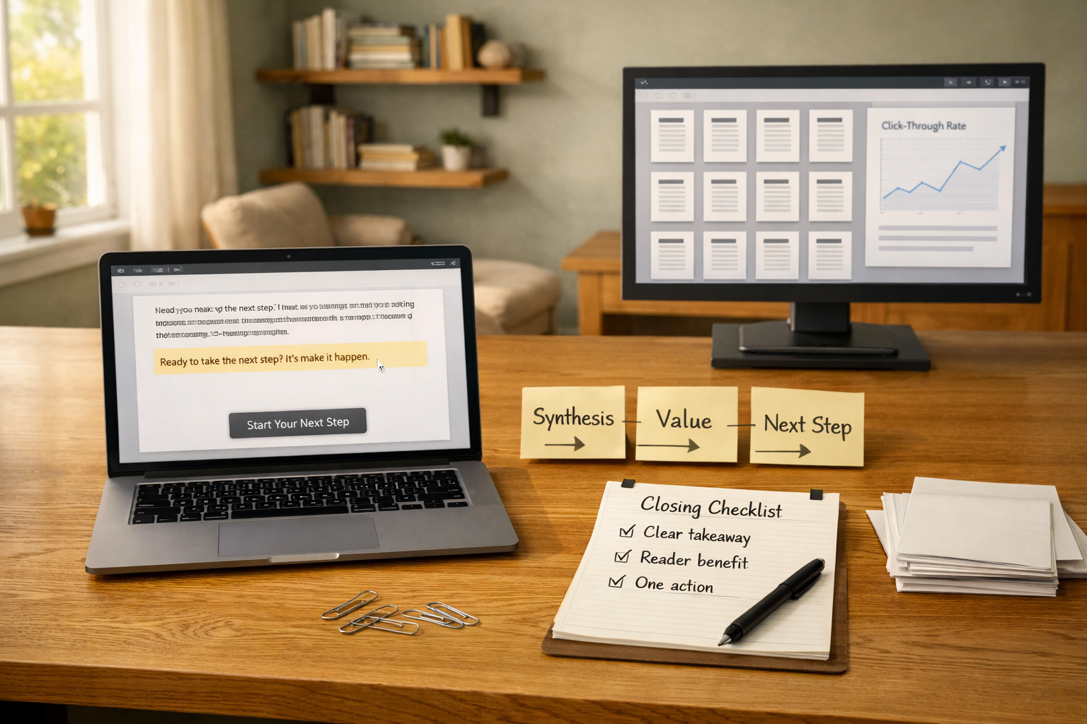 Calm home studio with blog closing checklist, highlighted final paragraph, CTA mockup, and workflow notes for how to end a blog example