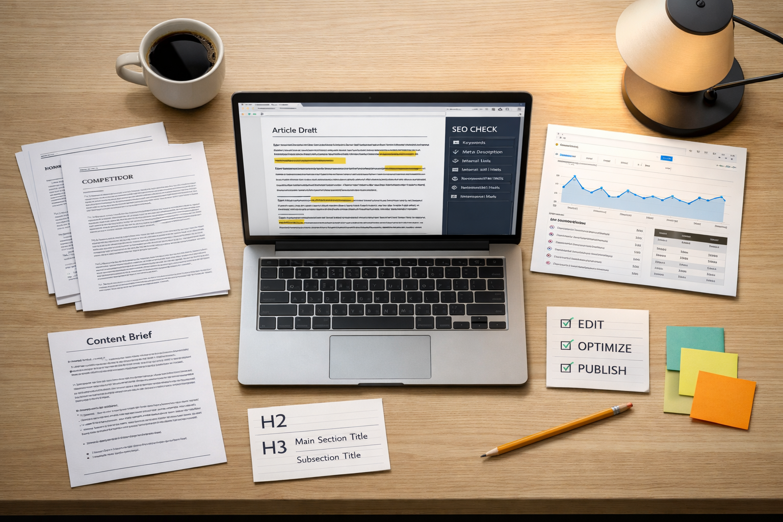 Overhead SEO desk with laptop, structured article draft, checklists, research notes, and how to write an article writing workflow.