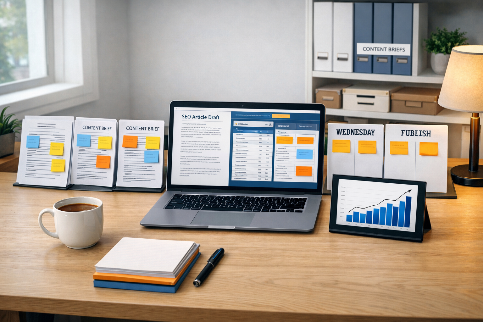 Organized content strategist workspace showing how to write an article writing, with SEO research, outlines, calendar, and analytics.