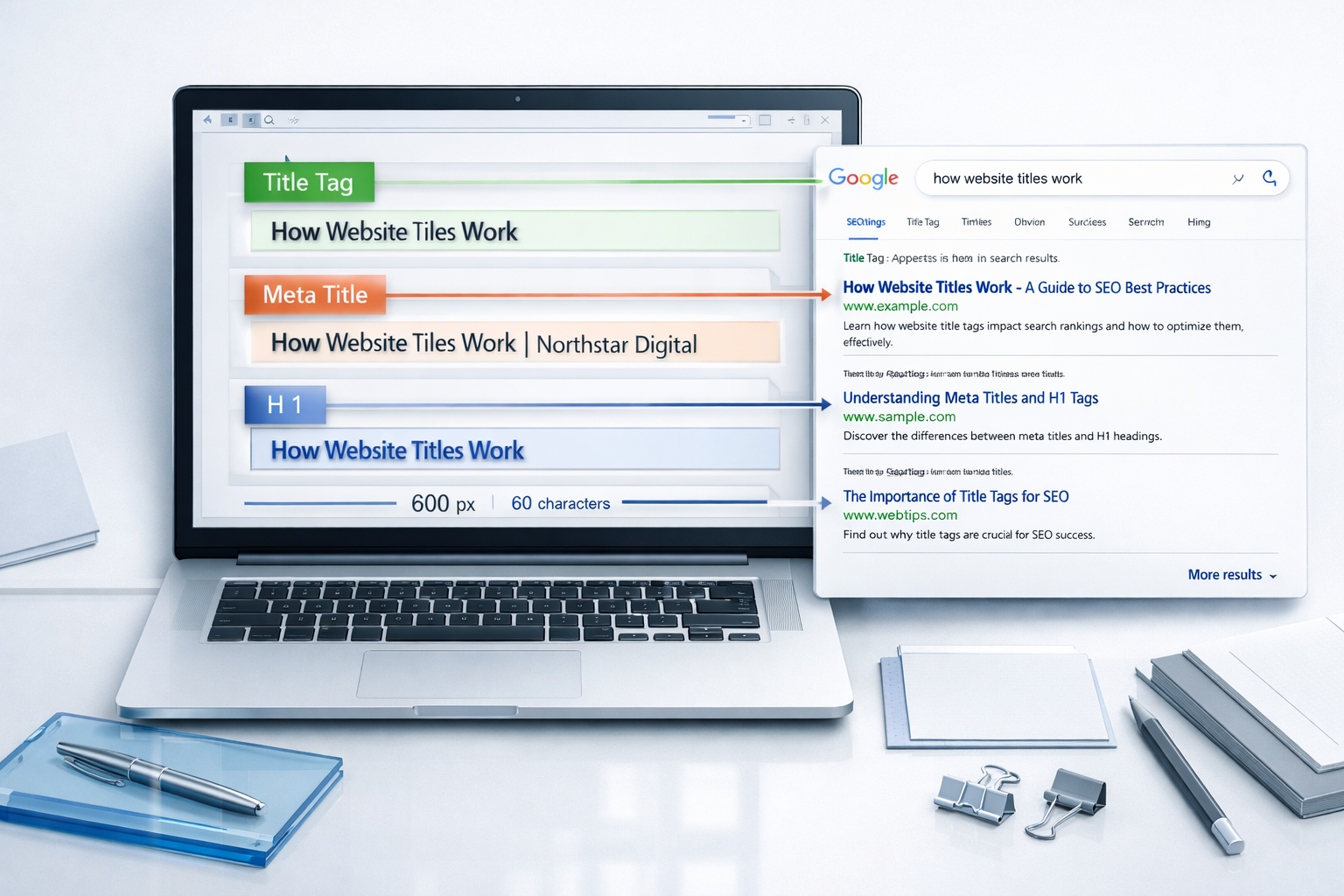 Flat-lay SEO workspace showing laptop fields for Title Tag, Meta Title, and H1, illustrating website title vs article title.