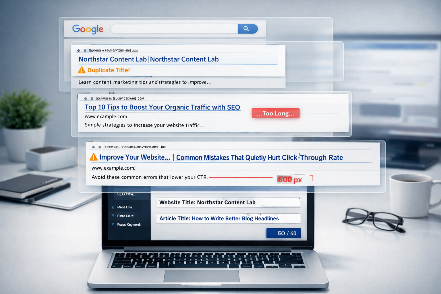 SEO workspace showing website title vs article title fields, SERP previews, SEO title counter, and 600 px ruler.