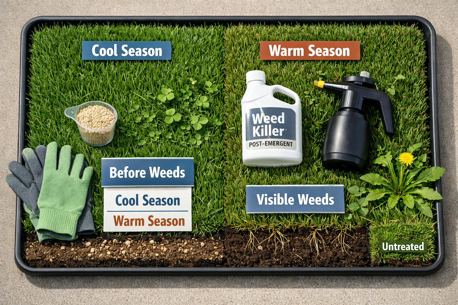 Overhead lawn treatment comparison: cool-season granules and warm-season spray for lawn weed killers herbicides.