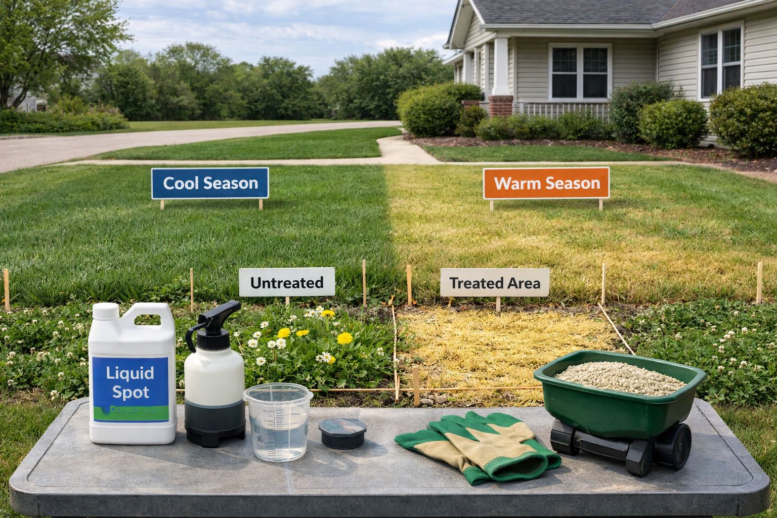Lawn weed killers herbicides compared on cool- and warm-season turf, with sprayer, granules, weeds, and marked test strips.