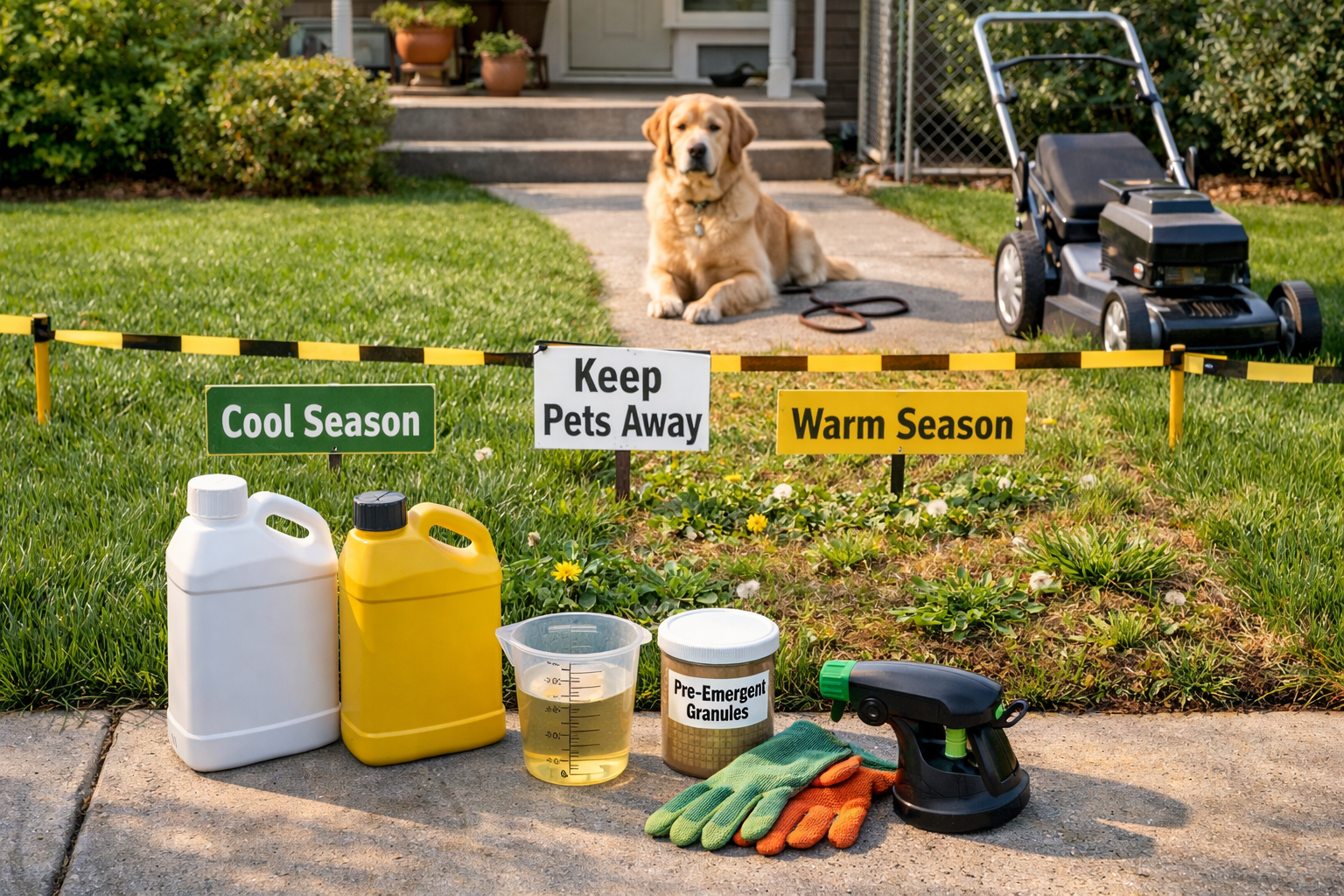 Suburban lawn comparison with cool- and warm-season turf, weeds, lawn weed killers herbicides, mower, gloves, and dog behind barrier.